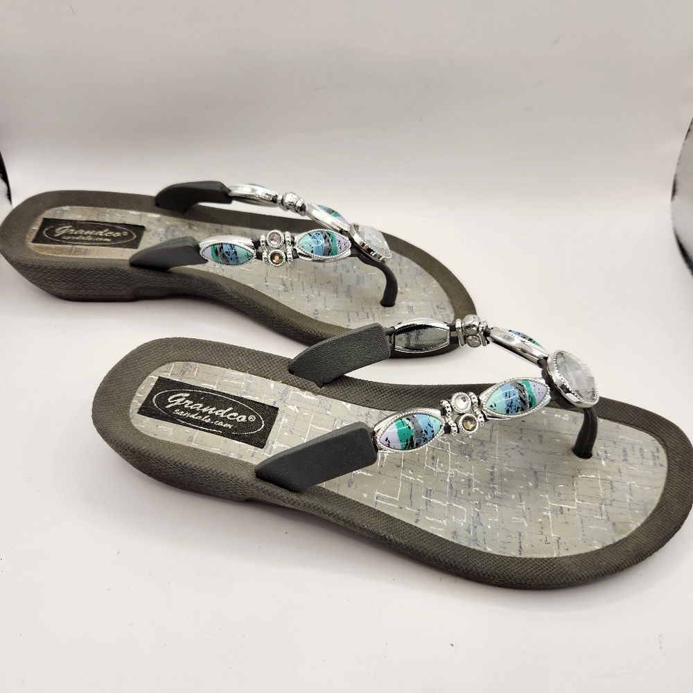 Women's Grandco Bejeweled Thong Sandals Gray, Turquoise 1.25" Heel Size 7